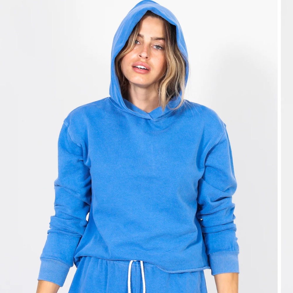 PerfectWhiteTee “Cash” cutoff hoodie, in the color American Blue
